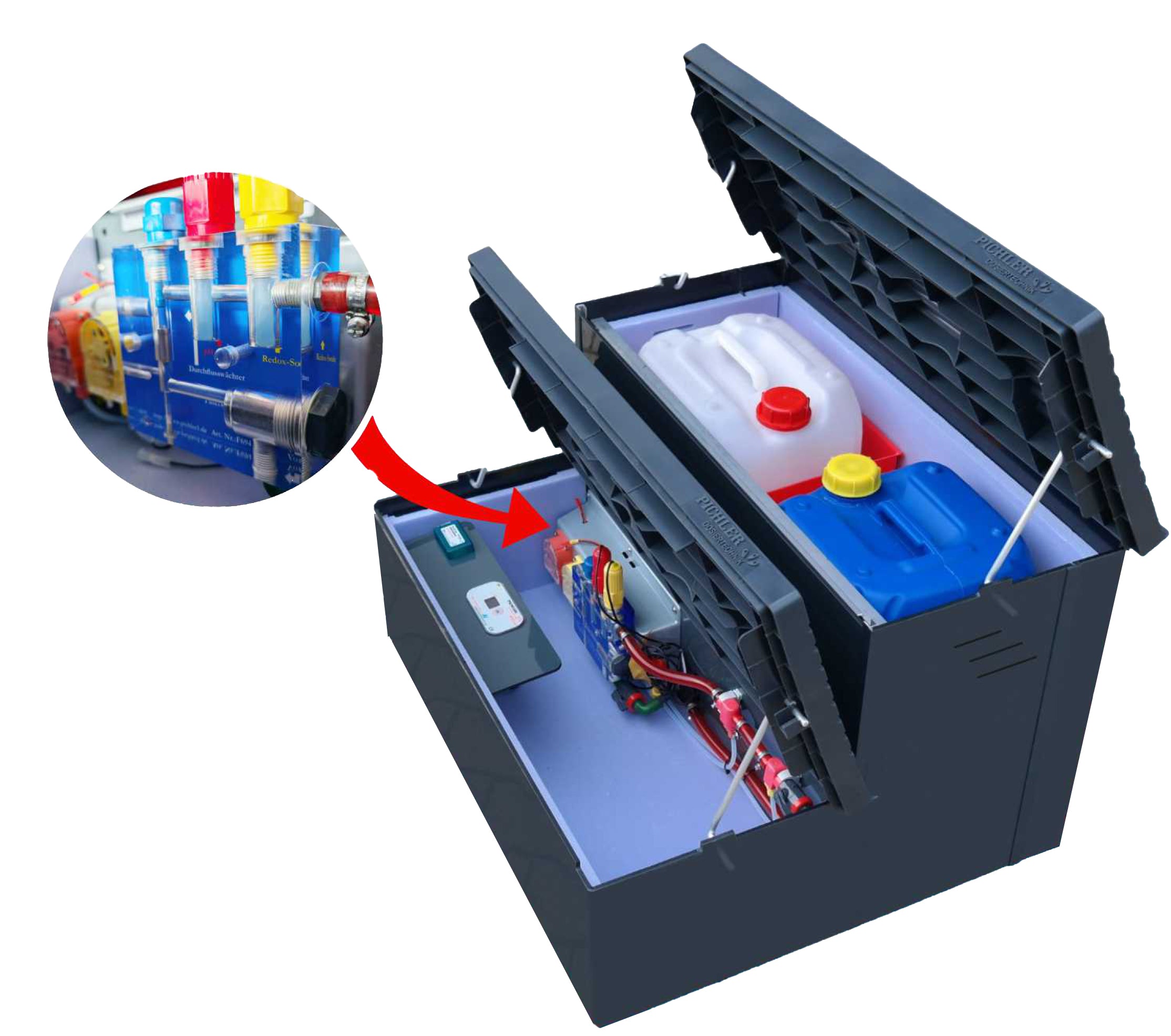 Dosiertreppe Anthrazitgrau RAL 7016, inkl. WPD-A4 mini pH/Redox + WLAN Modul