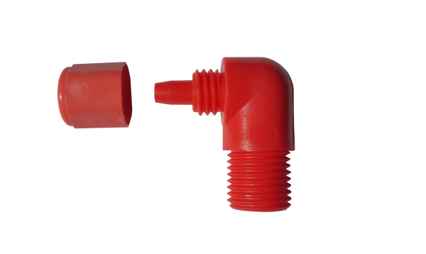 PVC, 1/4"-18" x M10 Winkel Einschraubverschraubung rot (RAL 3001) *